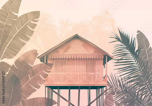 Illustration of Malaysia wooden house, village house with palm tree, rumah kampung photo