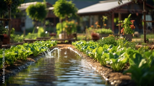 Lush Garden With Green Plants and Flowing Water