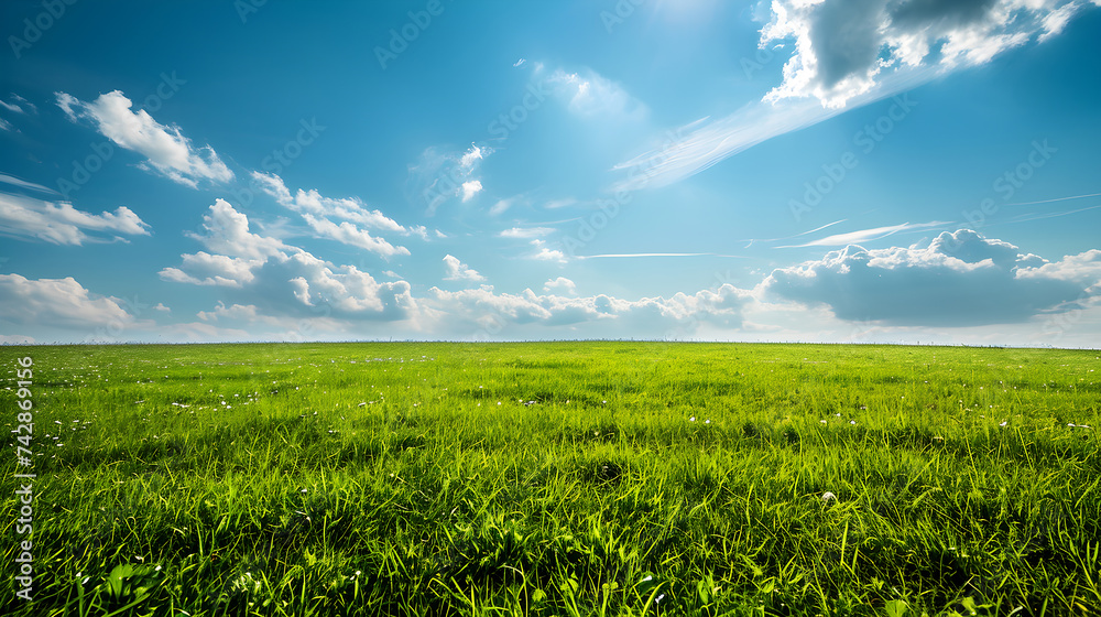 Green meadow with blue sky and clouds background - obrazy, fototapety, plakaty 