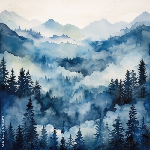 A painting depicting a towering mountain range with dense trees in the foreground, showcasing the beauty of natures grandeur. © pham