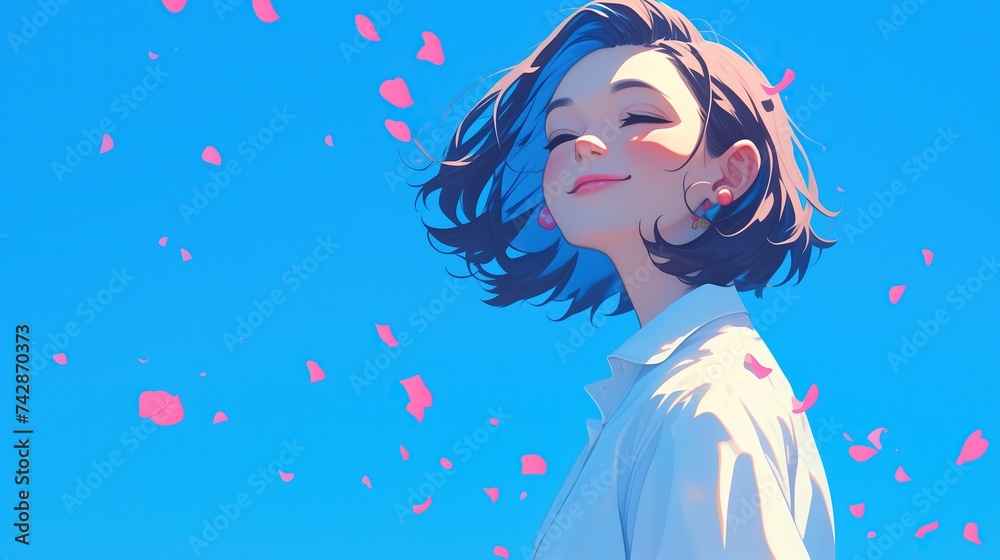 Fototapeta premium pretty woman smiling, sniffing flower scent with wind blowing pink spring flowers petal swirl in air, anime cartoon girl with copy space, Ai Generated
