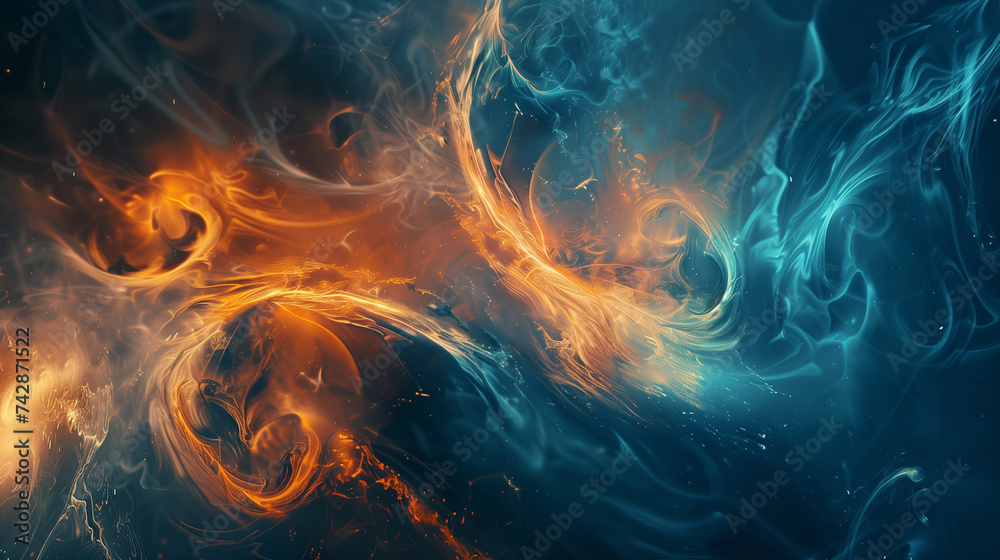 enigmatic cosmos where geometric and astronomical symbols intertwine within swirling wisps of smoke, casting captivating shades of blue and orange across the cosmic canvas