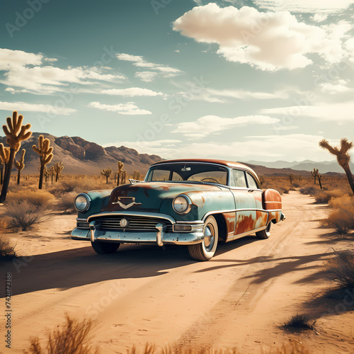 A vintage car on a deserted desert road.