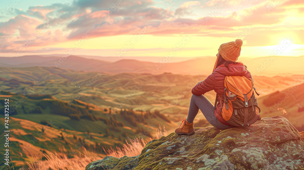 Adventurous traveler on a mountain summit overlooking a river valley at sunrise.