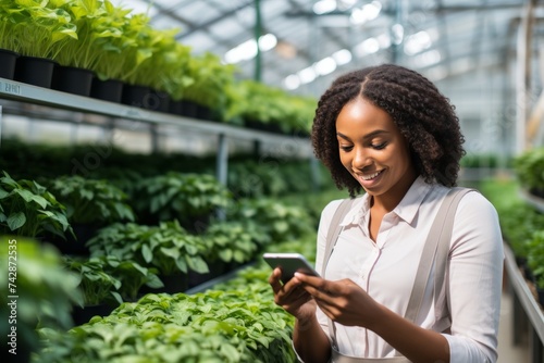 Young african american woman farmer using smartphone to monitor crops in a greenhouse