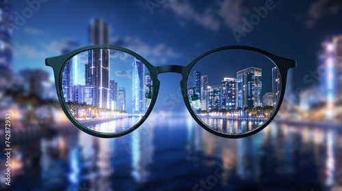 Clear view or vision concept. An eyeglasses with transparent lenses overy blurry city view makes the scene becomes clearly seen. photo