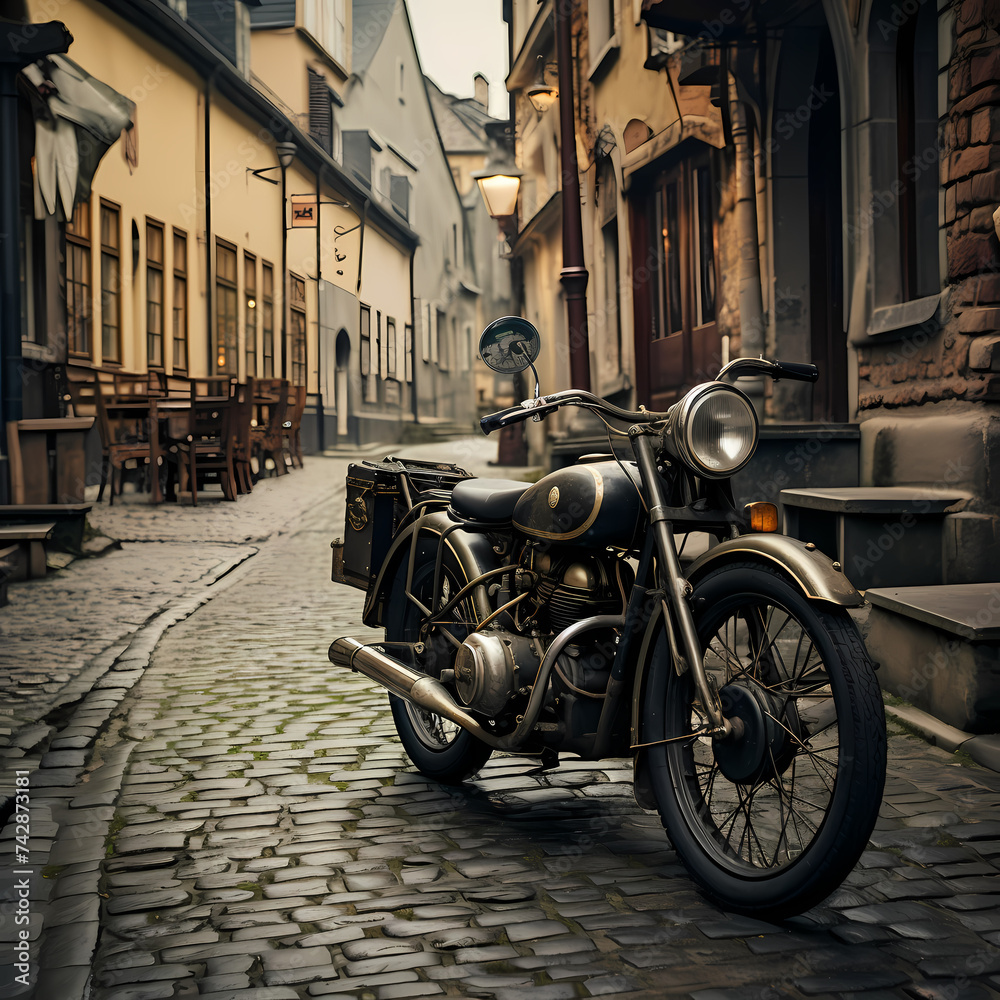 A vintage motorcycle parked on a cobblestone street