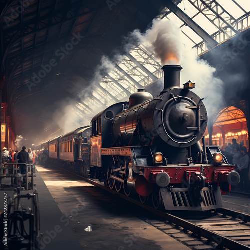 A vintage train station with steam locomotives. 
