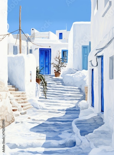A painting depicting a narrow street lined with vibrant blue doors. The charming scene captures the essence of a quaint European village.