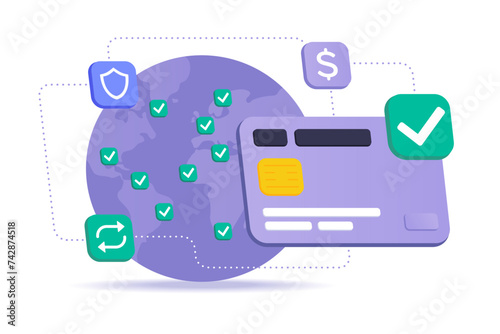 Successful International Payment Concept. Cross-Border Money Transfer Using Dollar as International Currency. Big Credit Card, Globe and Financial Icons in Isometric style. Vector Illustration