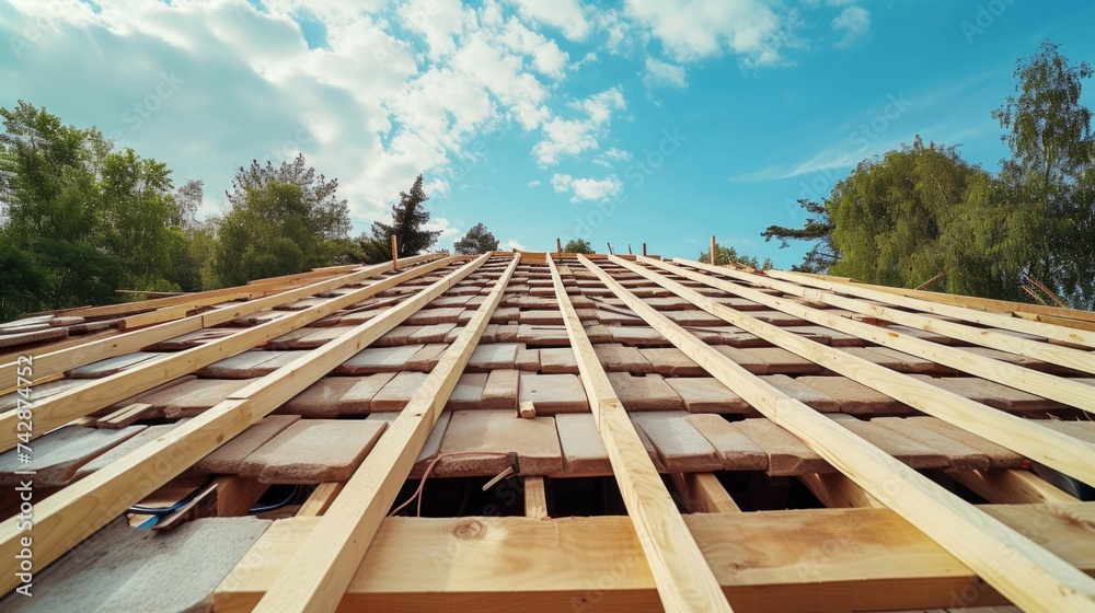 Interior view of wooden roof structure Interior view of wooden roof structure