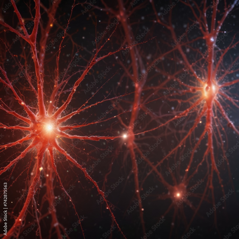 Fototapeta premium Neuron cells system disease - neuron cells view interconnected neurons synapses. Synapse. Healthcare concept. Glowing neurons signals.