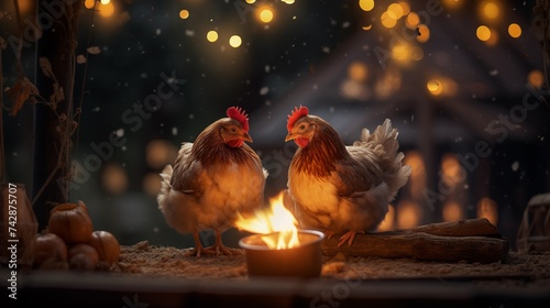 Two curious chickens huddled together near a flickering candle in a rustic setting