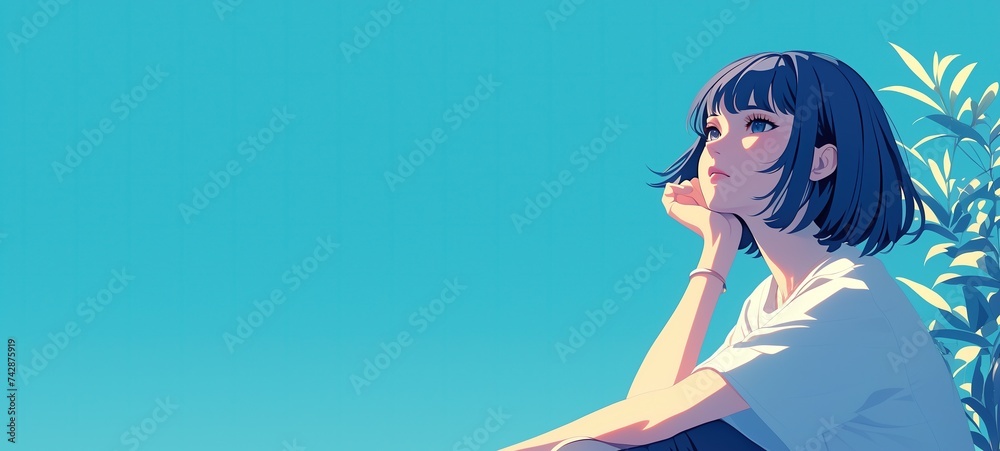 Obraz premium pretty girl leaning chin on hand let her thought flow as time fly, anime cartoon illustration, Ai Generated