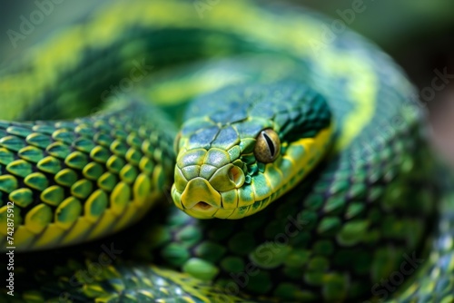 Serpiente verde enroscada y detallada photo