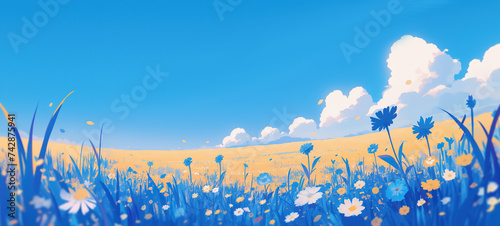 beautiful minimal background of spring flower wildflower field, happy calm peaceful scenery, Ai Generated