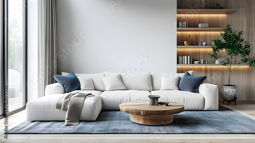 Modern elements of living room interior design, corner sofas and personal items Classic Scandinavian style