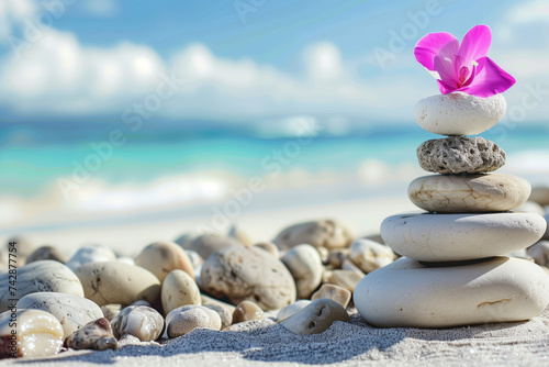 Zen stones on a beach. A slide background for showcasing wellness and meditation. Background image. Created with Generative AI technology.
