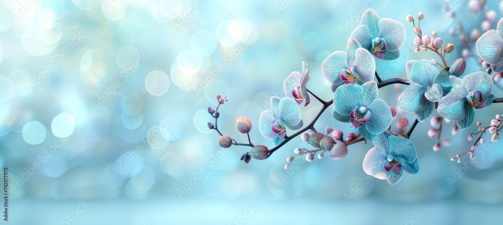 Radiant orchids bouquet on blurred background, elegant display with space for text
