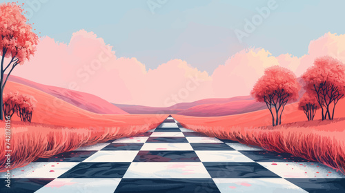Calm colorful chessboard field - wallpaper background with beautiful landscape for chess lovers