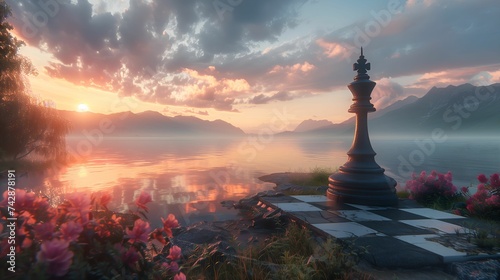 Chess King piece standing on the chessboard - wallpaper background with beautiful landscape