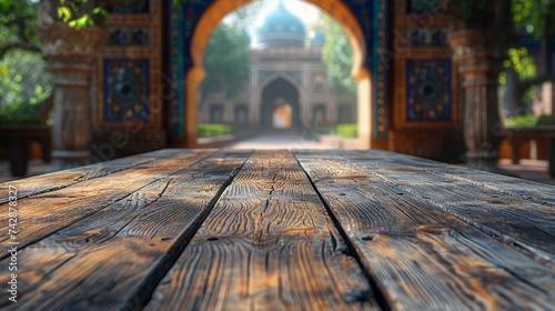 Wooden table in front of the mosque © HA