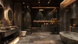 luxury bathroom Dark colored stone floors and walls