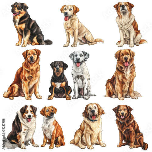 Collection of funny dogs of different breeds isolated on transparent background