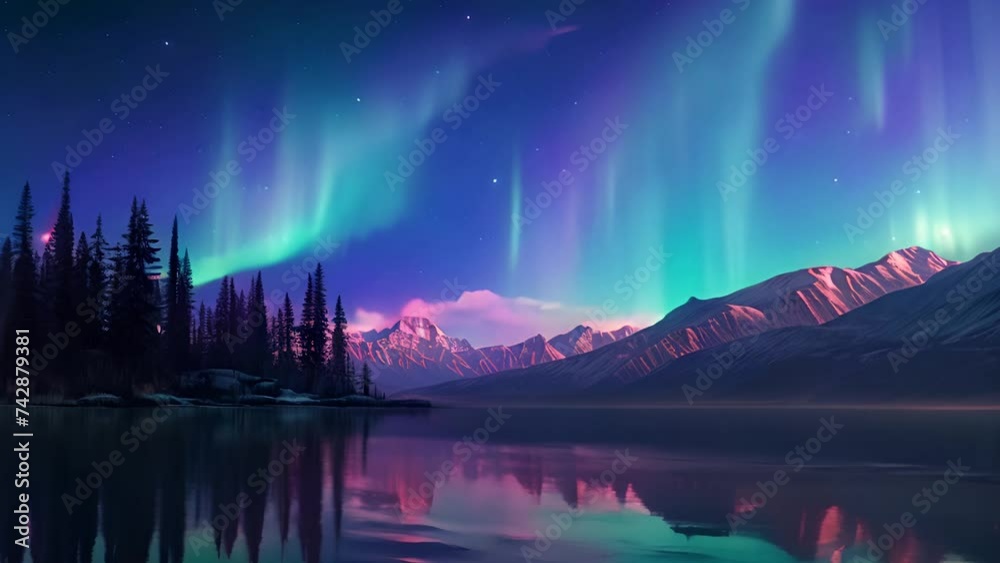 winter night landscape with mountains, lake and northern lights aurora borealis in the sky. 