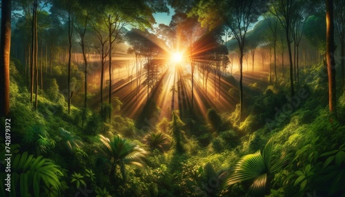 Raw Photography dense forest at sunrise brimming vibrance aerial valley rays shine trees woods grass tranquil