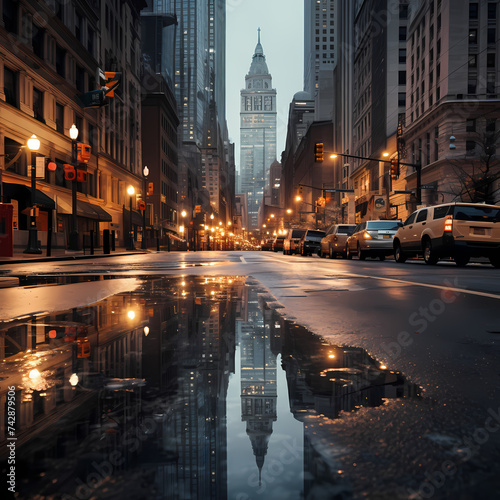 Rainy day reflections on a city street.