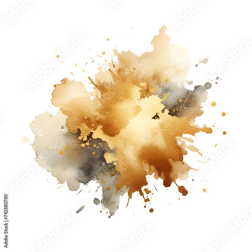An abstract image of a watercolor splash with varying shades of gold, and gray. The splash should be irregular in shape, with some areas where the color is more intense than other.