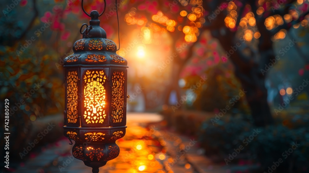 Lanterns in the garden at sunset. Ramadan Kareem background Lanterns in the garden at sunset. Ramadan Kareem background