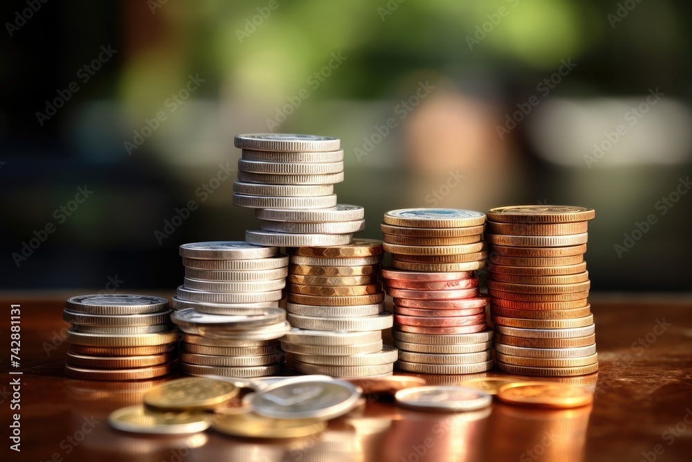 Stacks of assorted coins with varying denominations and loose change against a blurred background, highlighting financial concepts. - obrazy, fototapety, plakaty 