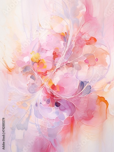 A painting featuring pink flowers depicted on a clean white background, highlighting the delicate beauty of the floral subject matter.