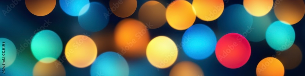 Abstract colorful illustration of bright blurry bokeh spots on dark background for social media banner, website and for your design, space for text.