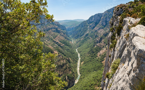 The Verdon Gorge and canyon at Sainte Croix du Verdon in the Verdon Natural Regional Park, France. Panoramic view at sunny day.

