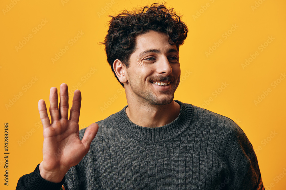 Man smile gesture trendy student fashion lifestyle orange hair portrait happy background standing sweater yellow Man smile gesture trendy student fashion lifestyle orange hair portrait happy background standing sweater yellow