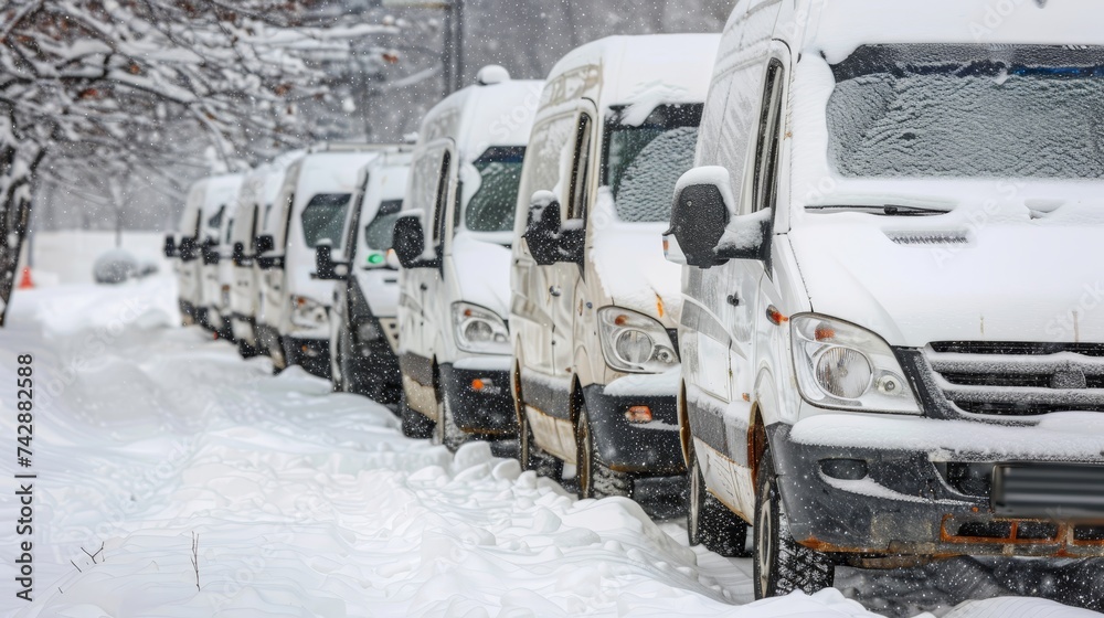 Row of white delivery vans on winter day with copy space, transportation service concept.