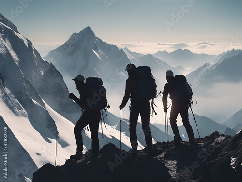 Group of mountain climbers silhouetted on mountain terrain. Rock climbing. Team building. Reach your goals. Push your limits. photo