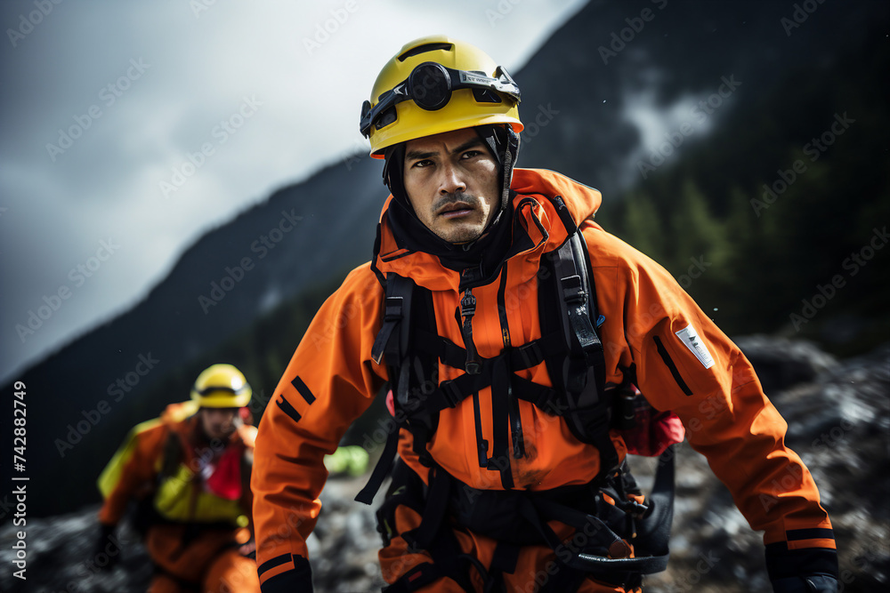 Generative AI image of a determined rescue worker in action Generative AI image of a determined rescue worker in action