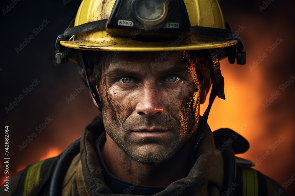 AI generated photo of a professional firefighter man against burning buildings background