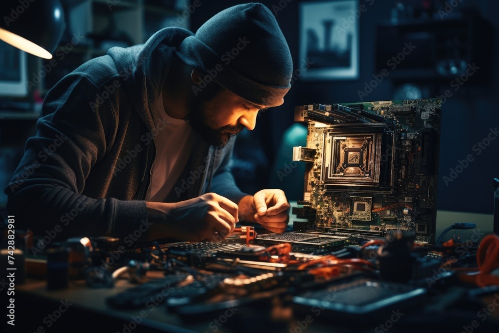Technician repairing a laptop in the lab. Concept of repair computer, electronic, upgrade, technology. Focused man at a desk repairing a computer motherboard, surrounded by electronic components - obrazy, fototapety, plakaty 