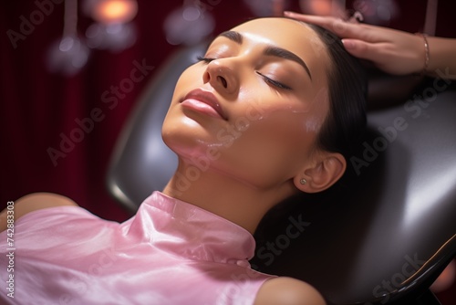 Woman enjoying a soothing facial treatment with a hydrating mask at a luxury spa