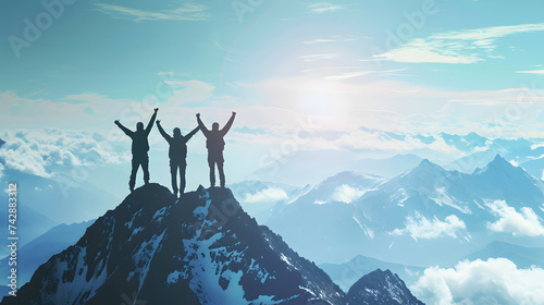 Three men celebrate on the mountaintop, standing with their hands raised.