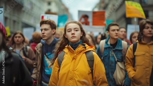 Woman in yellow jacket stands out in protest crowd. candid street photography. focus on expressive individual. contemporary issues theme. AI © Irina Ukrainets