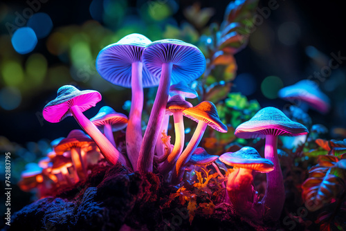 Colorful generative ai collage of bright glossy mushrooms in night magical woods © Tetiana