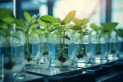 Generative AI picture of science laboratory producing life growing plant in glass