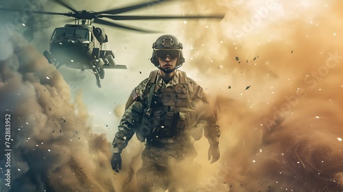 Dramatic military scene with soldier and helicopter in action. captivating and intense. perfect for impactful storytelling. AI