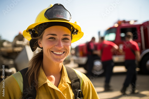 A female firefighter after a service looking at the camera with overalls and a fire truck in the background